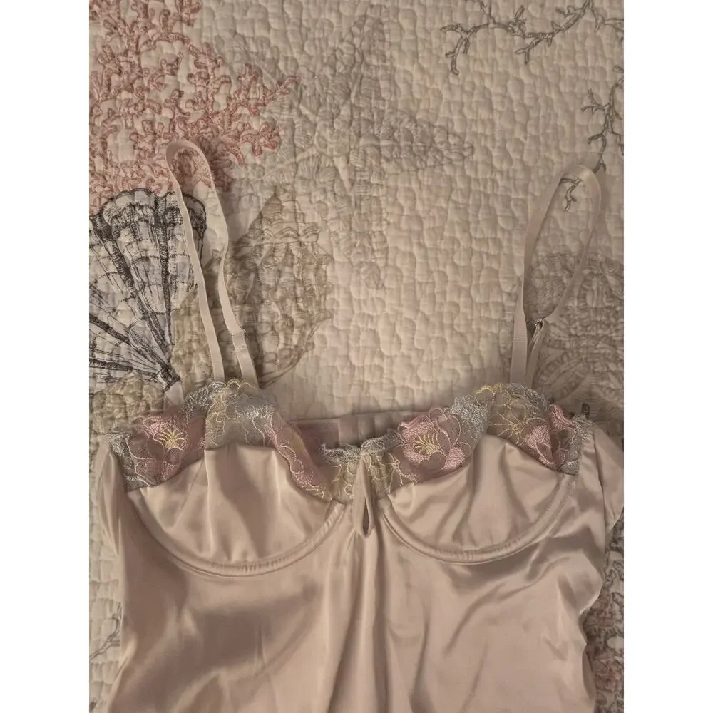 Lace Trim Bodice Blush Slip Nightie Lingerie Dress Keyhole Bodice Open Back Sz M